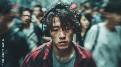 Amidst the City's Pulse: A lone individual, immersed in music through headphones, navigates the dense flow of a bustling city crowd. A story of urban solitude and the personal experience.