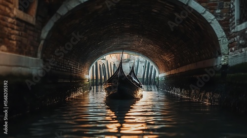 Gondola Navigating a Dark Venetian Canal Tunnel