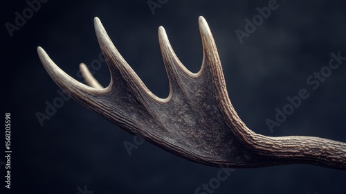 Close-up of a deer antler, showcasing intricate branching and a dark background