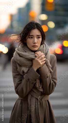 Winter's Embrace: A lone figure braves the urban chill, wrapped in a cozy scarf and coat, a sense of introspection against the blurred backdrop of city life. 