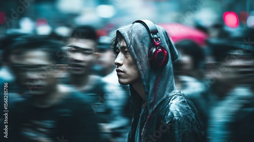 Lost in Sound: A contemplative individual, shrouded in a hooded sweatshirt and headphones, navigates a bustling, blurred crowd, conveying a sense of introspection and connection to sound.
