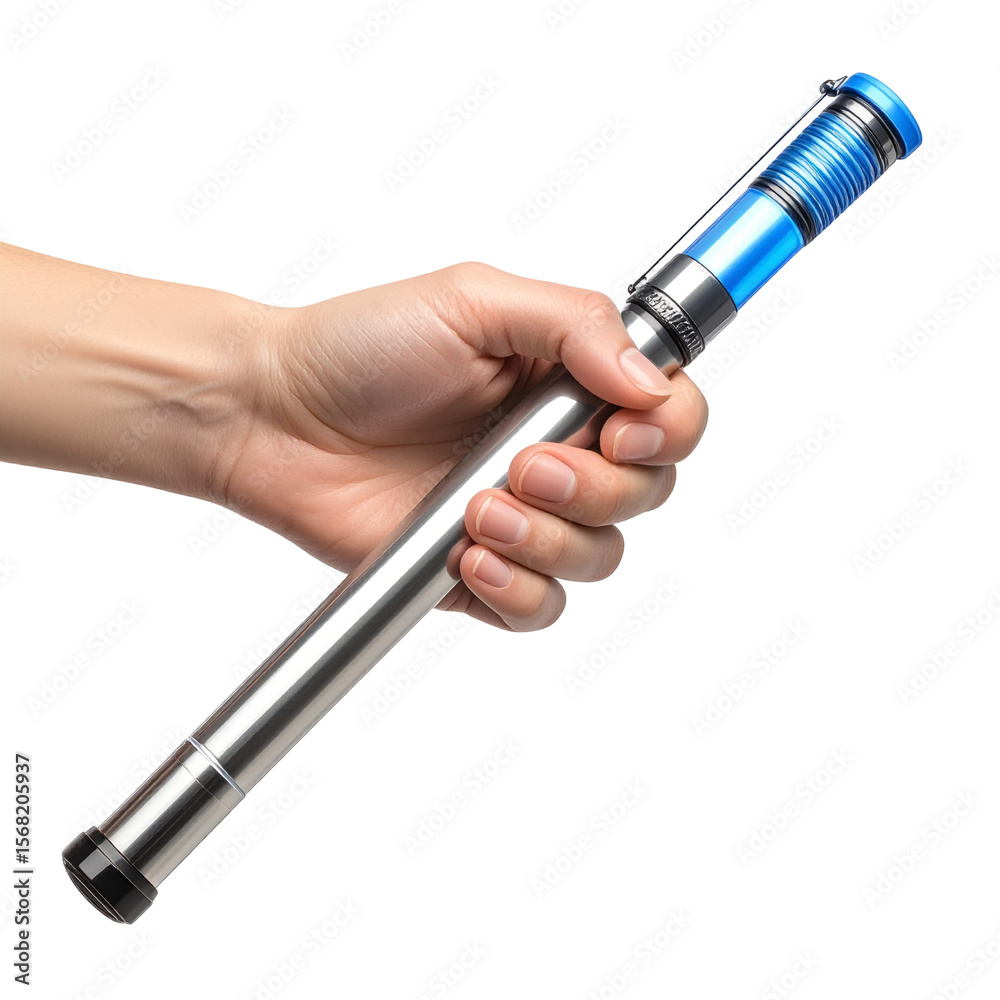 Naklejka premium Hand holding modern metal tool against black background
