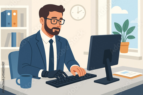Flat vector illustration of professional man with prosthetic hand working on computer in modern office