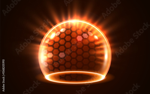 3D transparent sphere protection shield with hexagon pattern and neon glowing elements on dark background. Power energy barrier, force field, protection or defend concept.