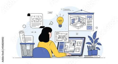 Creative Professional Working on Architectural Design Project with Blueprints and Ideas