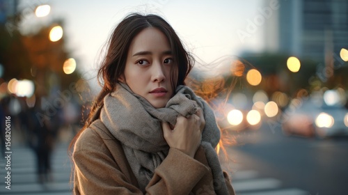 Urban Scene: A young woman, wrapped in a cozy scarf and coat, navigates a bustling urban environment during the crisp autumn season.