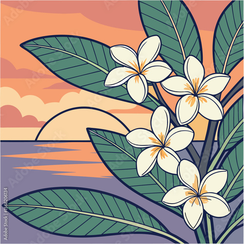 Tropical Sunset with Frangipani Flowers and Ocean View