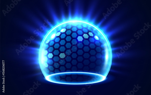 3D transparent sphere protection shield with hexagon pattern and neon glowing elements on dark background. Power energy barrier, force field, protection or defend concept.
