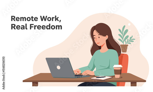 Vector of woman working remotely with laptop, ideal for websites, ads, and articles about freelance careers and digital lifestyles