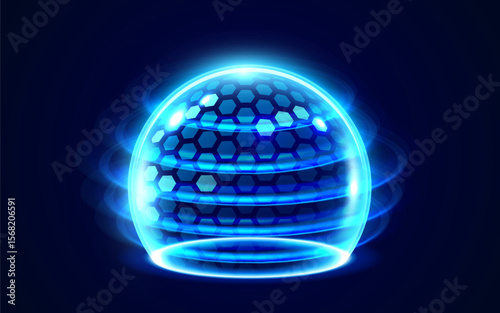 3D transparent sphere protection shield with hexagon pattern and neon glowing elements on dark background. Power energy barrier, force field, protection or defend concept.