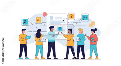 Diverse group of people collaborating and discussing ideas around a central board with icons representing data and connections