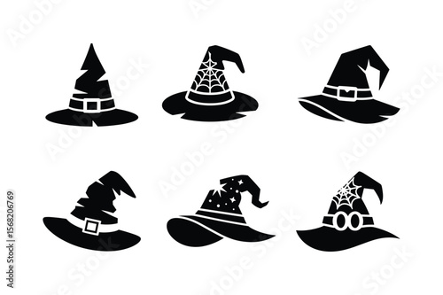 Black witch hats with various decorative elements Halloween silhouette