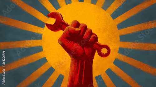 Illustration of a raised fist holding a wrench against a sunburst background in red and yellow