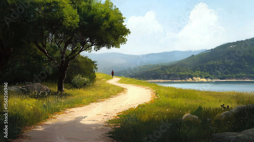 Peaceful walking path winds through green grass and trees beside calm lake with distant hills under bright blue sky, evoking serene and tranquil atmosphere