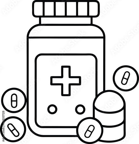 Line drawing of a medicine bottle with pills, vector line art