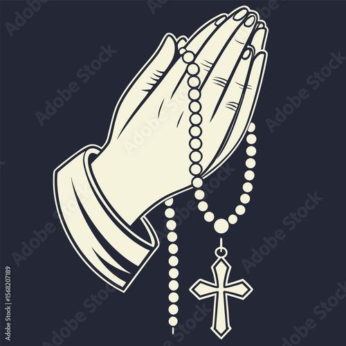 Hands Clasped Together Holding a Rosary Beads with Cross Pendant in Prayer