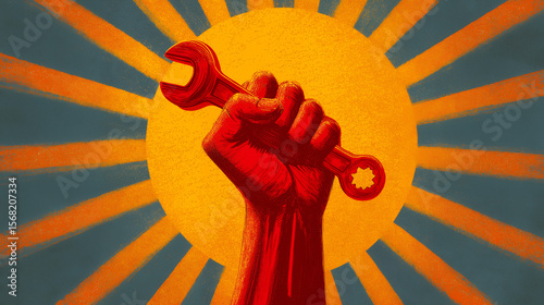 A red hand holding a wrench raised in the air against a sunburst background in a vintage style