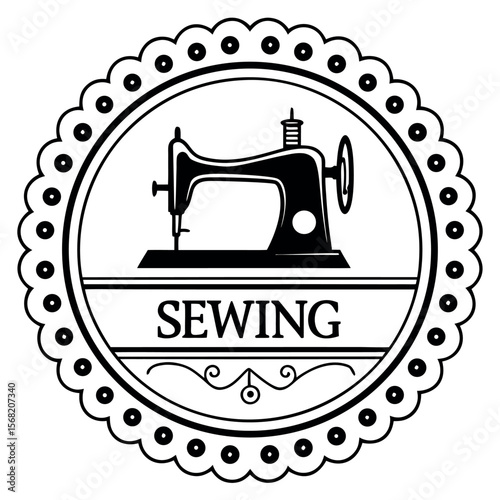 Classic Sewing Machine Emblem with Detailed Scalloped Border and Ornate Design