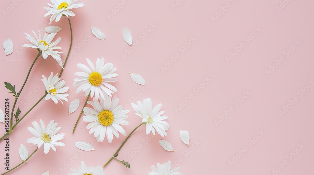 Naklejka premium Minimalist White Daisy Chamomile on Pale Pink Background: Petal Contrast, Soft Aesthetic, and Floral Design Harmony