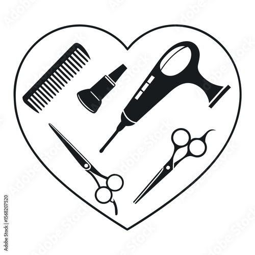 Creative Hairstyling Tools Arranged Inside a Heart Shape Celebrating Hairdressing Passion