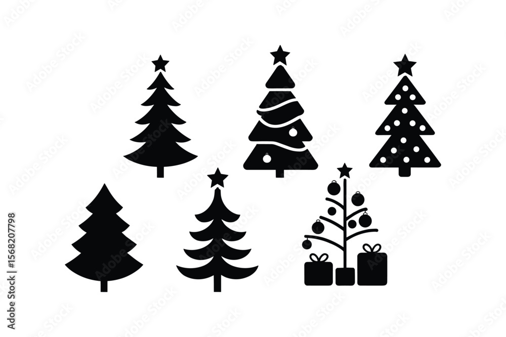 Obraz premium Festive Christmas Tree Silhouettes with Gifts and Ornaments christmas trees holiday