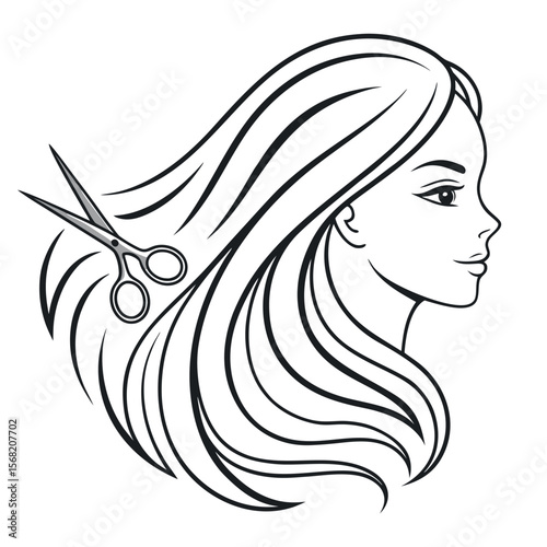 Stylist Professional Hair Cutting Scissors and Beautiful Woman Silhouette for Salon