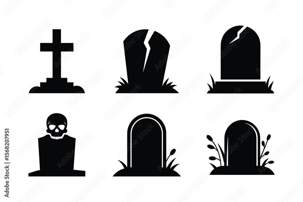 Fototapeta premium Gravestone Silhouettes With Skull And Cross tombstone graveyard