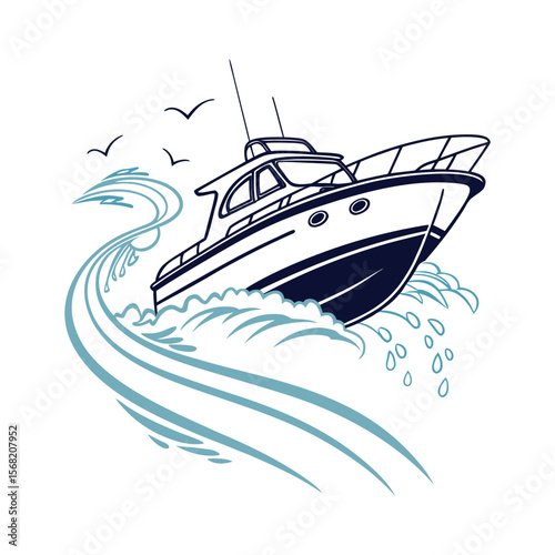 Luxury Yacht Illustration with Ocean Wave Splash – Speed Boat Vector Design .