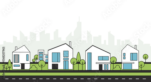 Modern Residential Houses Along a Street with Greenery and City Skyline in the Background PNG Transparent Background Isolated