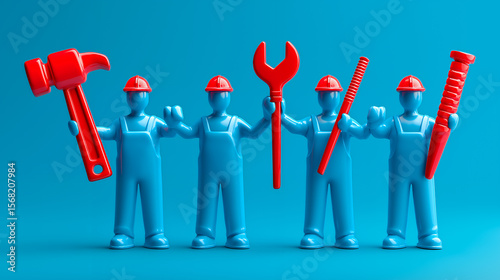 Blue figurines holding red tools including a hammer wrench and screwdrivers on a blue background