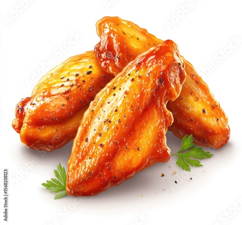 Three glazed, seasoned chicken wings, glistening with a rich sauce, atop fresh parsley, isolated on white
