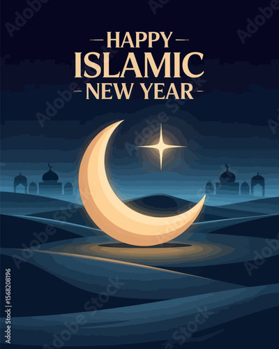 Happy Islamic New Year, Crescent Moon Illustration with Desert Background