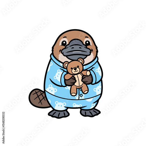 A cartoon platypus wearing pajamas holds a teddy bear, smiling happily.