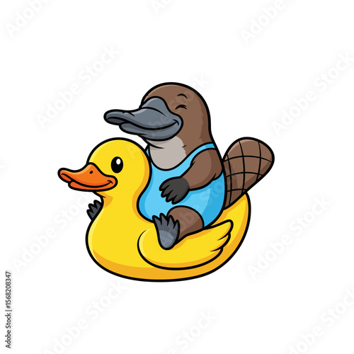 Cartoon platypus wearing a swimsuit riding a yellow inflatable duck on a white background.