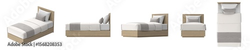 Set of multiple views of a modern single bed including top, side, front, and isometric angles, isolated. 3D render collection.