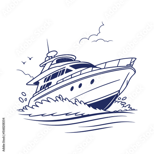 Luxury Yacht Illustration with Ocean Wave Splash – Speed Boat Vector Design .