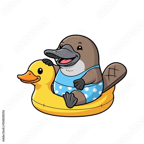 Cute platypus cartoon character wearing a swimsuit, enjoying a yellow duck inflatable ring.