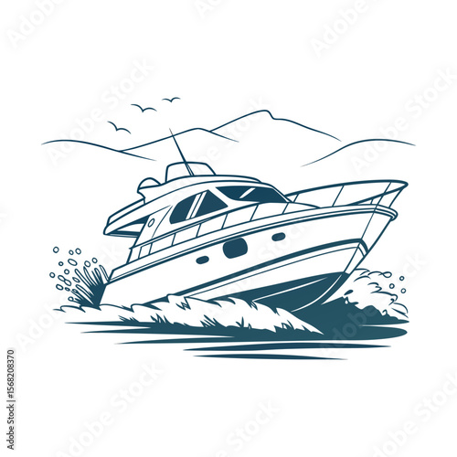 Luxury Yacht Illustration with Ocean Wave Splash – Speed Boat Vector Design .