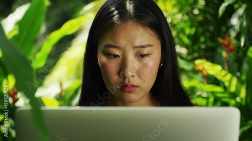 Woman working on laptop in garden
