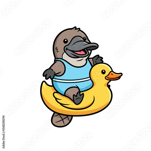 A cheerful platypus enjoys a summer swim, riding a bright yellow inflatable duck.