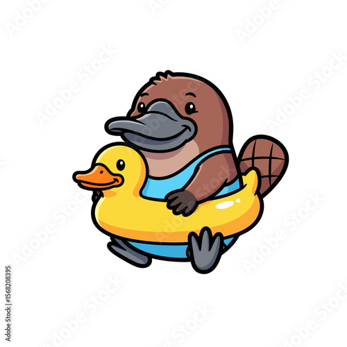 Cartoon platypus happily floating in a yellow inflatable duck ring, ready for fun.