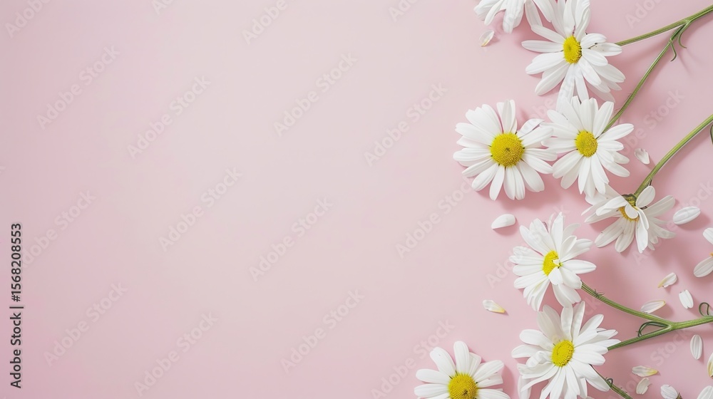 Fototapeta premium Minimalist White Daisy Chamomile on Pale Pink Background: Petal Contrast, Soft Aesthetic, and Floral Design Harmony