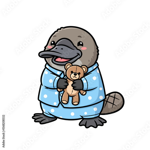 A cute cartoon platypus in blue pajamas snuggles a teddy bear.