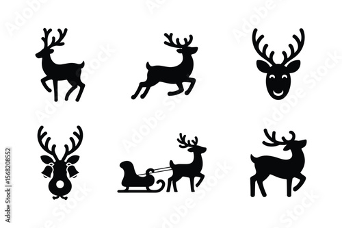 Reindeer silhouettes with sleigh and festive decorations bells