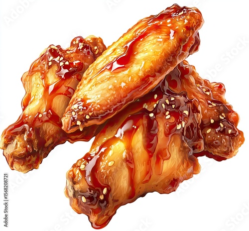 Close-up of four glazed chicken wings, glistening with sauce, scattered sesame seeds, and a rich golden-brown hue