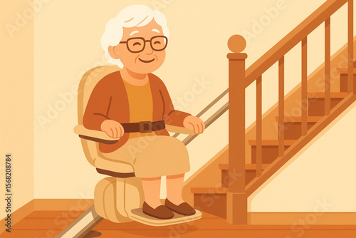 Vector illustration of smiling elderly woman using stairlift chair at home in warm accessible interior