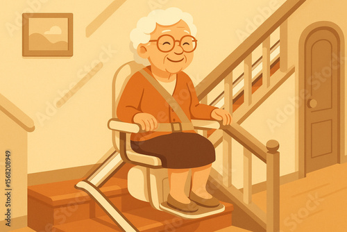 Vector illustration of smiling elderly woman using stairlift chair at home in warm accessible interior