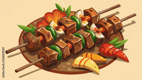 The classic Shashlik from Eastern Europe displays large skewered lamb cubes, slightly smoky and caramelized, with pieces of roasted pepper and onion.