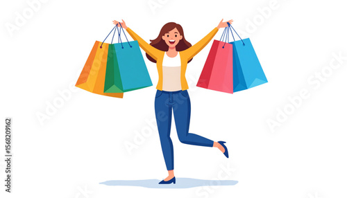 Excited woman holding colorful shopping bags, celebrating a successful shopping spree.