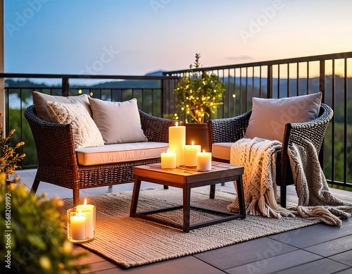 Outdoor patio furniture with candles and warm lighting